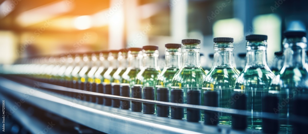 A multitude of bottles are positioned on a moving apparatus within a manufacturing facility