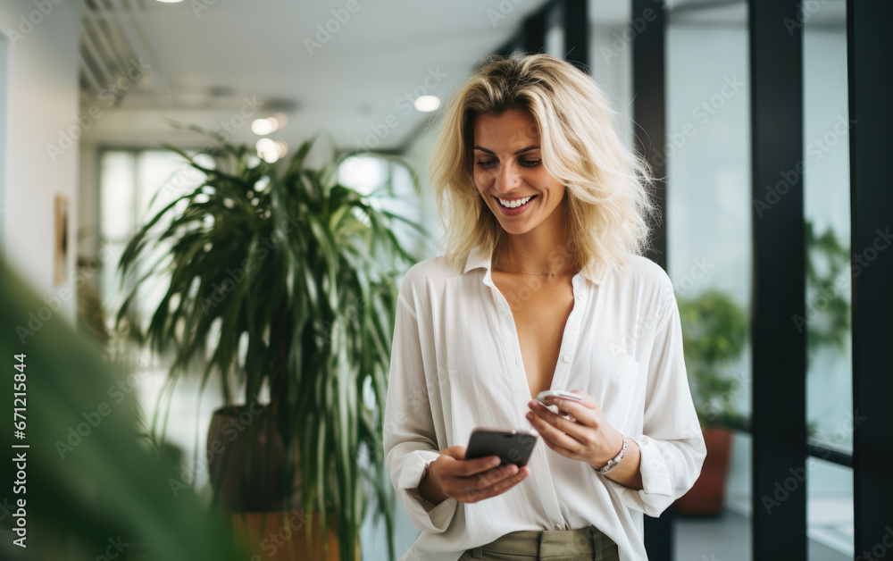 A female entrepreneur using smartphone in a bright office A female entrepreneur using smartphone in a bright office
