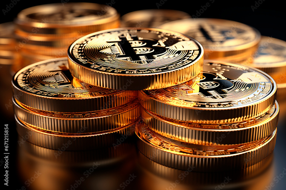 Bitcoin Crypto currency, Gold Bitcoin, BTC, close up. Bitcoin coins on black background. Blockchain technology, bitcoin mining concept. - obrazy, fototapety, plakaty 