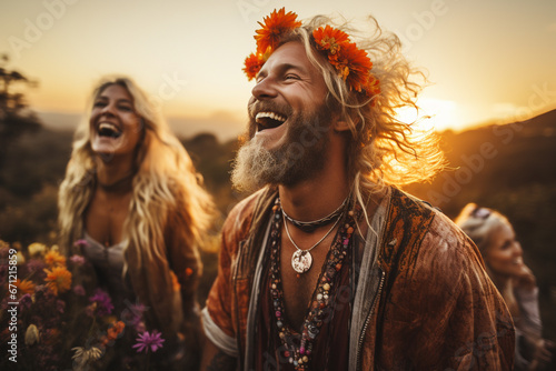 Happy Hippie Couple Laughing and Singing in the Meadow at Sunset."