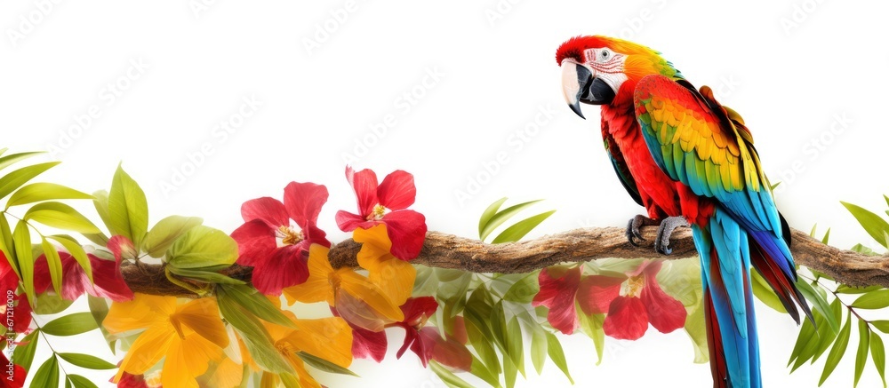 Fototapeta premium A Scarlet Macaw also known as an Ara parrot perches on a branch surrounded by lush tropical foliage The vibrant Macaw species Ara macao can be seen in an exotic jungle setting with a border