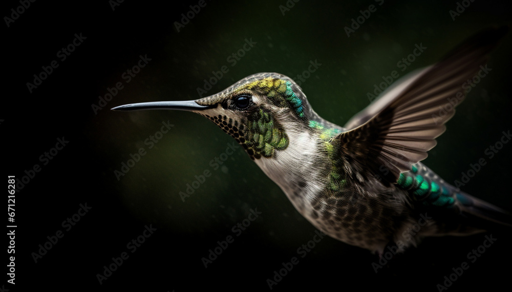 Fototapeta premium The iridescent hummingbird hovers mid air, its multi colored feathers shining generated by AI
