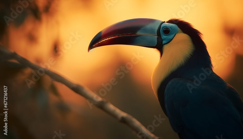 Vibrant toucan perching on branch in tropical rainforest at sunset generated by AI