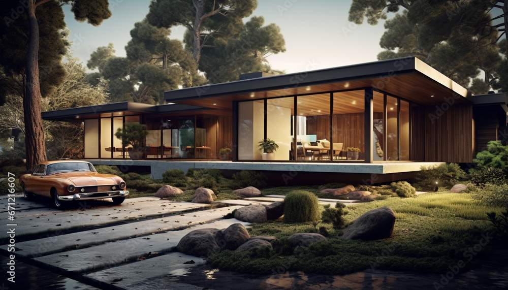 Fototapeta premium Luxury car parked in modern architecture with elegant landscape design generated by AI