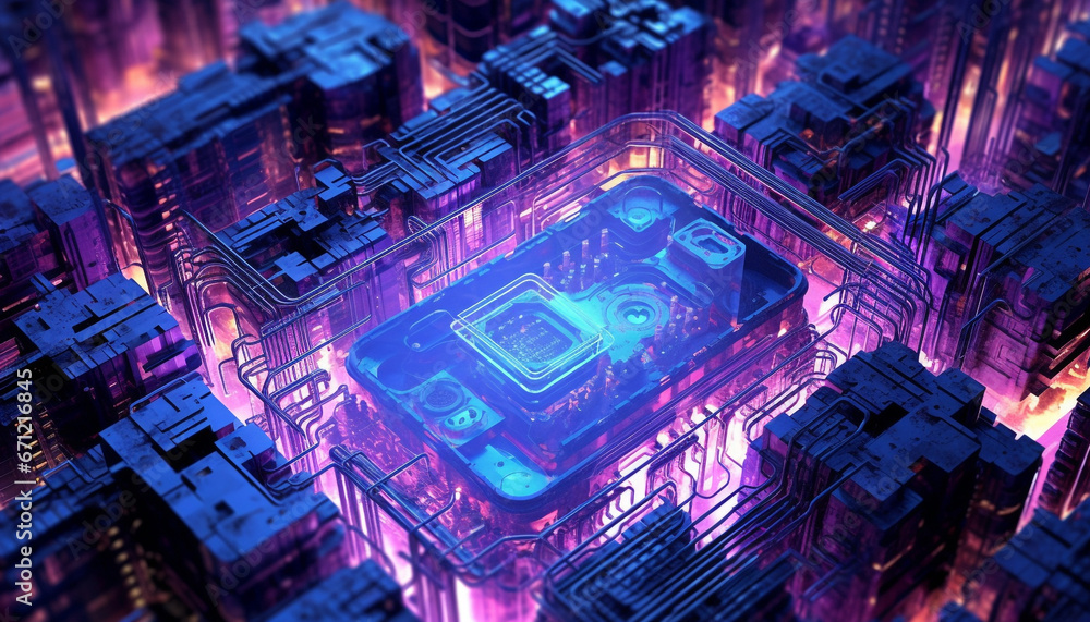 Futuristic glowing circuit board connects complex computer network for global communication generated by AI