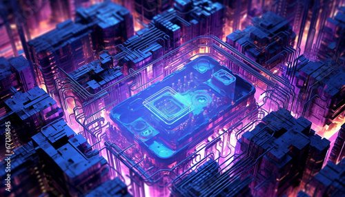 Futuristic glowing circuit board connects complex computer network for global communication generated by AI © djvstock