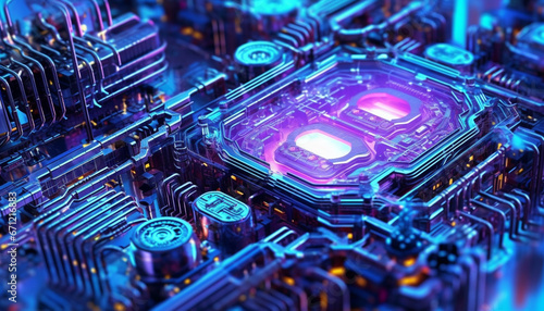 Futuristic computer chip glows with complex circuit board pattern generated by AI