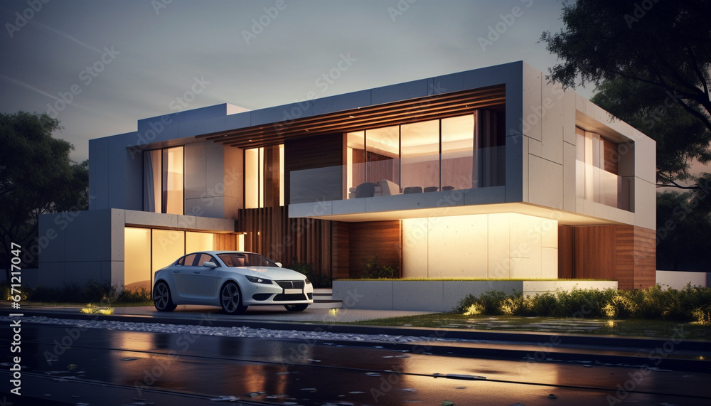 Picture of Modern luxury apartment building reflects city life at twilight ...