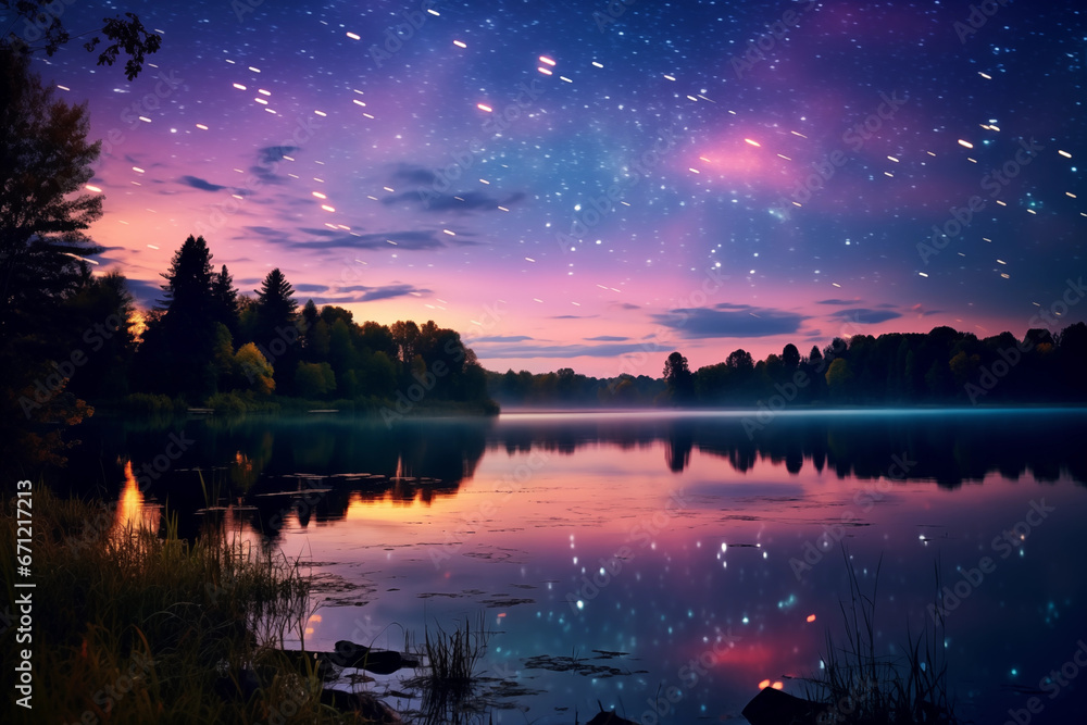 Serene twilight landscape with soft pink and purple hues in the sky. In the foreground, there's a calm reflective lake. 