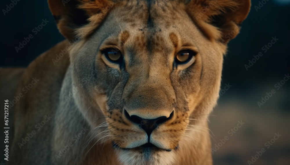 Majestic lioness stares at camera, endangered beauty in nature wilderness generated by AI Majestic lioness stares at camera, endangered beauty in nature wilderness generated by AI