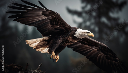 The majestic bald eagle, a symbol of American patriotism, soars generated by AI