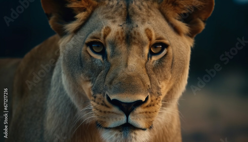Majestic lioness stares at camera, endangered beauty in nature wilderness generated by AI