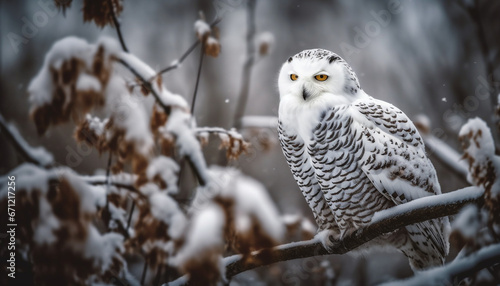 The snowy owl perching on a branch, looking at camera generated by AI © Jeronimo Ramos