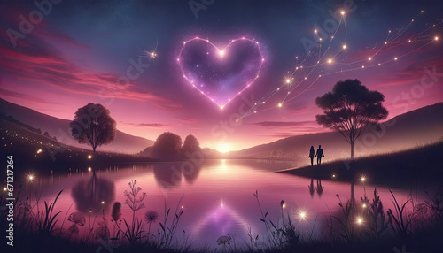 Twilight landscape with soft pink and purple hues in the sky. In the foreground, there's a calm reflective lake. Above the lake, there's a radiant heart-shaped constellation illuminating the sky.