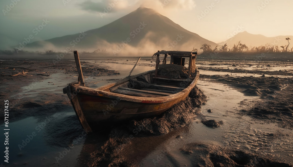 The abandoned fishing boat reflects the tranquil sunset over mountains generated by AI The abandoned fishing boat reflects the tranquil sunset over mountains generated by AI