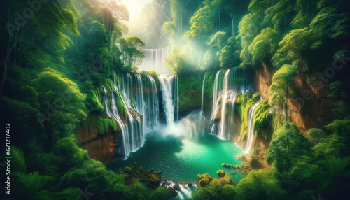 hidden paradise where lush green trees surround the edge of a cliff, and a grand waterfall cascades into a crystal-clear pool. 
