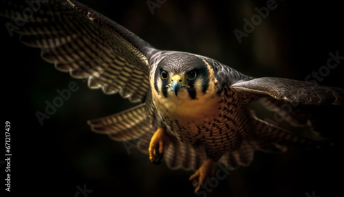 Close up of majestic eagle owl piercing animal eye in flight generated by AI
