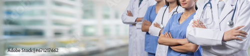 Confident medical staff team with doctor nurse and healthcare specialist professions people in blurry hospital corridor background. Medical and healthcare community in panoramic banner. Neoteric © Summit Art Creations