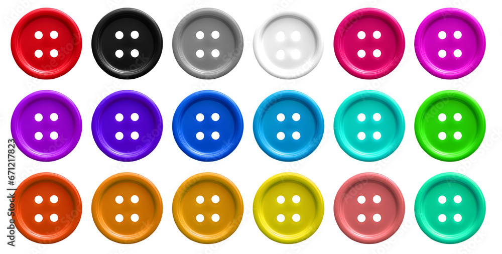 Colourful plastic clothes plastic sewing button on transparent background cutout, PNG file. Many assorted different colours. Mockup template for artwork graphic design. 3D mock Colourful plastic clothes plastic sewing button on transparent background cutout, PNG file. Many assorted different colours. Mockup template for artwork graphic design. 3D mock