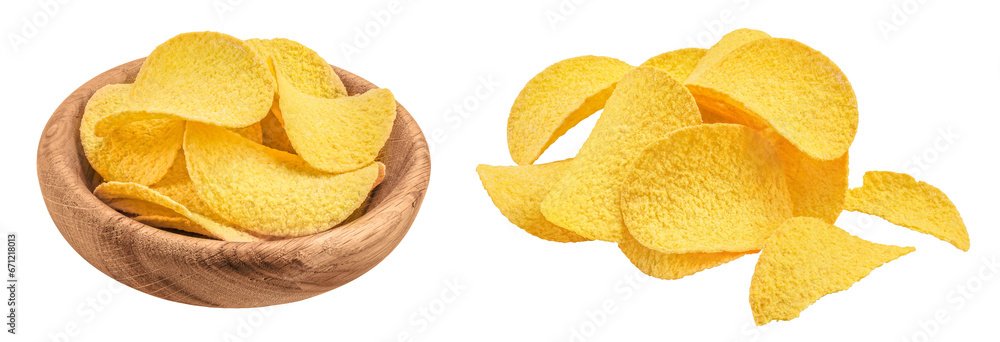 Potato chips in wooden bowl isolated on white background with full depth of field. Potato chips in wooden bowl isolated on white background with full depth of field.