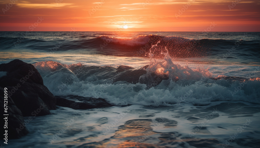 Fototapeta premium The dramatic sky reflects on the tranquil wet seascape generated by AI