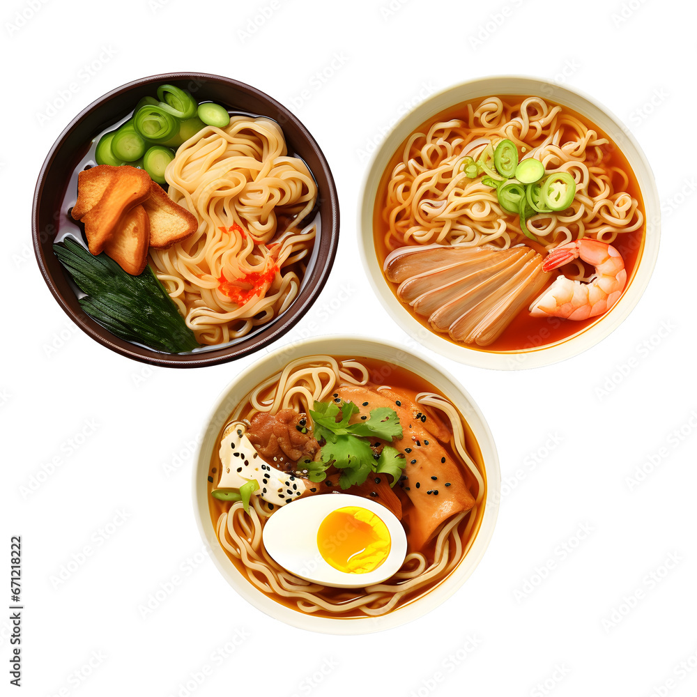 Japanese noodle ramen bowl isolated, set of asian food
