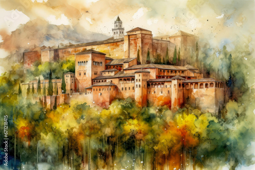 Watercolor drawing of the Alhambra in Granada. Generative AI. photo