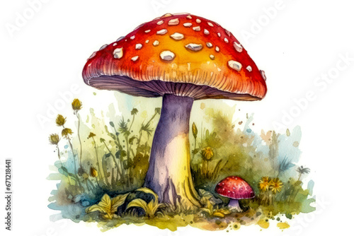 Watercolor drawing of a poisonous Amanita muscaria mushroom. Generative AI.