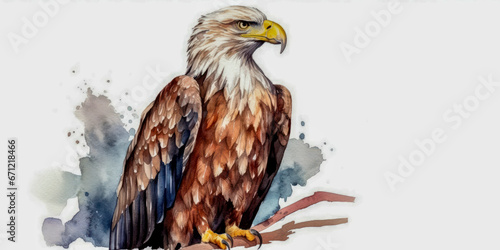 Watercolor drawing of an American bald eagle  Haliaeetus leucocephalus. Generative AI.