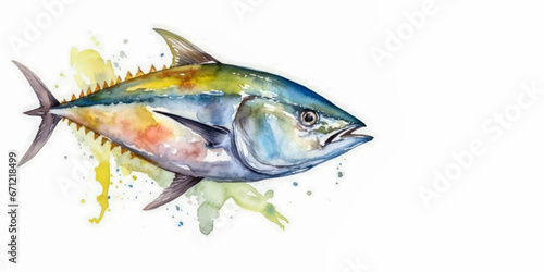 Watercolor drawing of a tuna, with white background. Generative AI.
