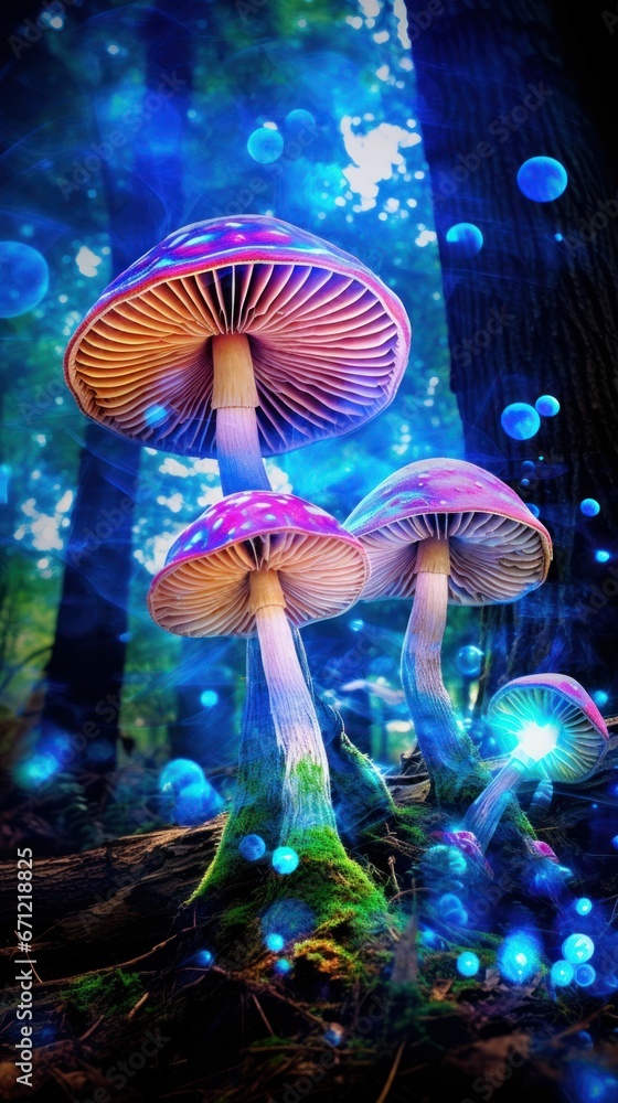 Holographic translucent mushrooms in the forest
Holographic translucent mushrooms in the forest