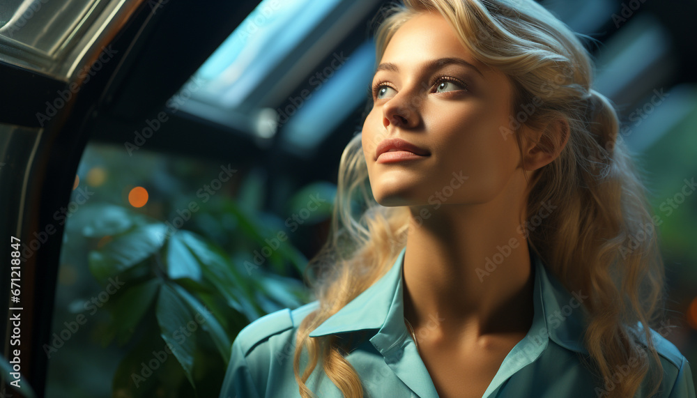A confident, beautiful woman in casual clothing looking away indoors generated by AI A confident, beautiful woman in casual clothing looking away indoors generated by AI