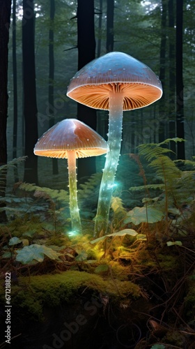 Holographic translucent mushrooms in the forest 