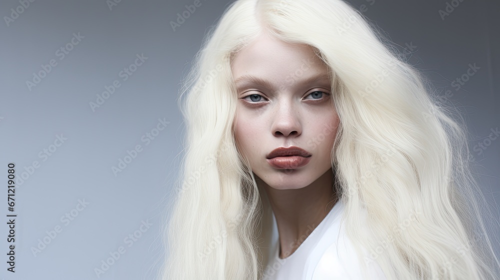 Beautiful white-haired albino woman with loose hair