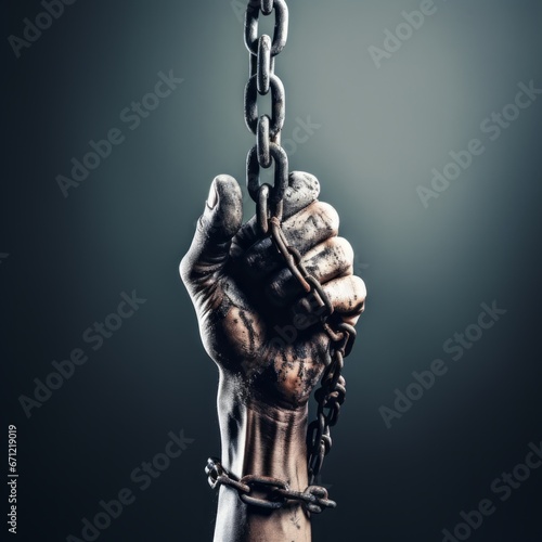 The visual of a hand suspended by old chains, its fist tightly bound with additional links.