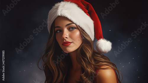 close-up of a smiling young woman in santa claus hat