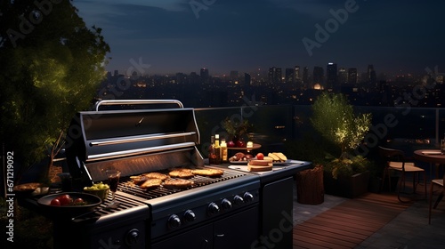 BBQ on lush green rooftop in a night bustling urban city. Meat grill and cooking fresh vegetables on an outdoor grill, set against the backdrop of towering city buildings.