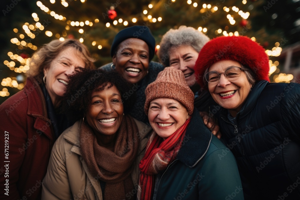 A touching image of a diverse assembly of elderly friends, framed by a brightly illuminated Christmas tree, embodying the holiday spirit of community, love, and togetherness.