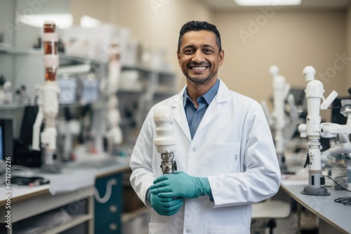 A confident portrait of a prosthetist in a modern prosthetics clinic, wearing a lab coat, holding a prosthetic limb, reassuring smile, showcasing expertise and dedication to improving patients' lives.