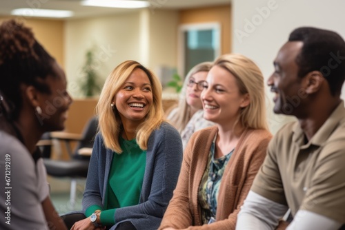 A diverse group of patients in a hospital waiting area, sharing stories and smiles as they support each other through their healthcare journey, the unity and diversity of patients in a medical setting