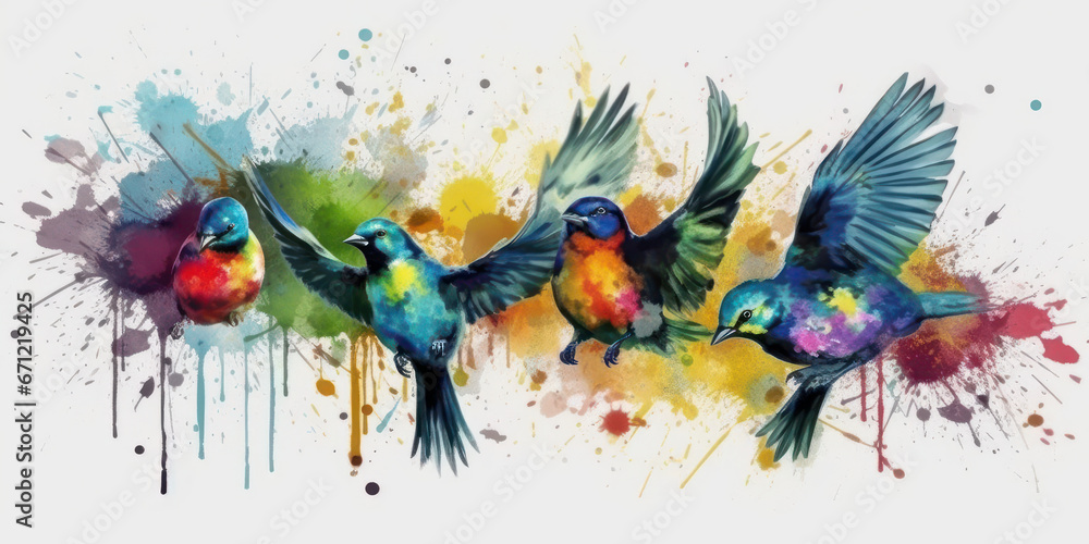 Watercolor drawing of birds perched on a twig. Generative AI. Watercolor drawing of birds perched on a twig. Generative AI.