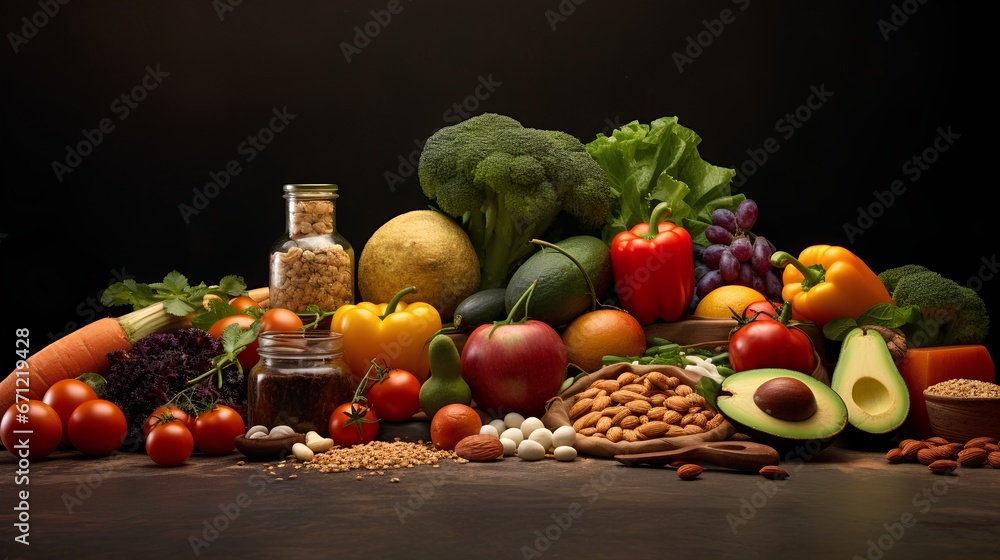 Healthy diet food on table. Variety collection of colorful vegetables, leafy greens, and legumes, all essential for a balanced and nutrient rich diet. Healthy and fresh eating habits.