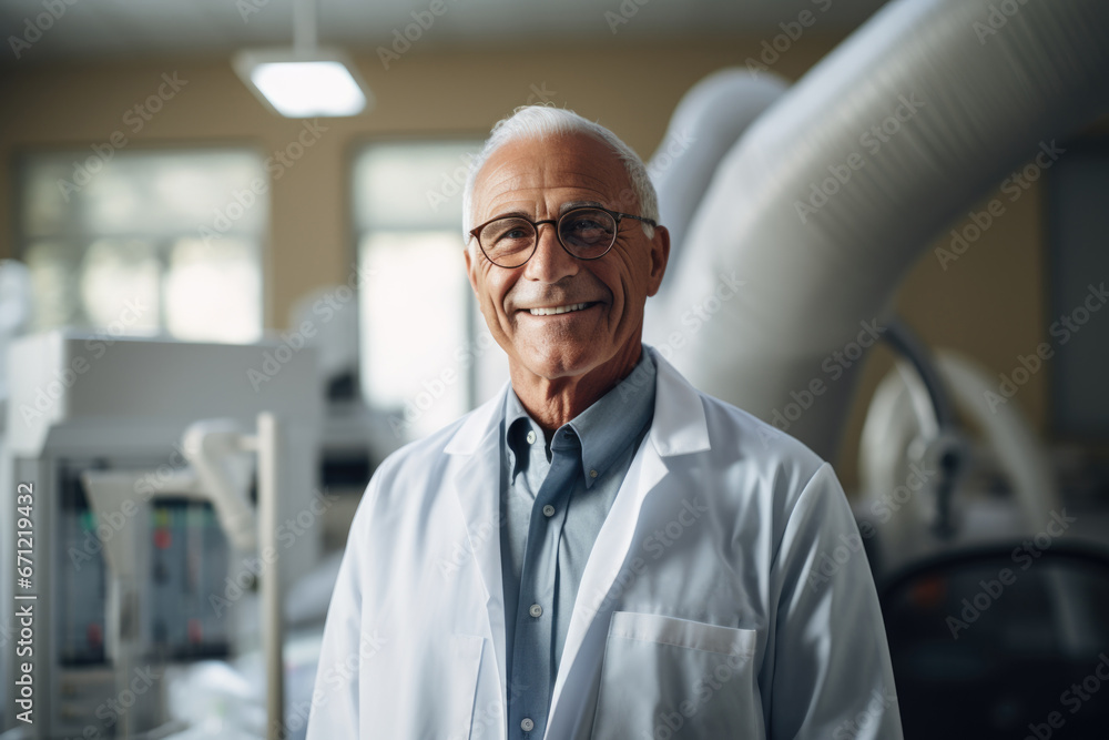A senior dentist, wearing a lab coat in an X-ray imaging laboratory, with an air of wisdom and experience, symbolizing the long-standing commitment to the field of dentistry. A senior dentist, wearing a lab coat in an X-ray imaging laboratory, with an air of wisdom and experience, symbolizing the long-standing commitment to the field of dentistry.