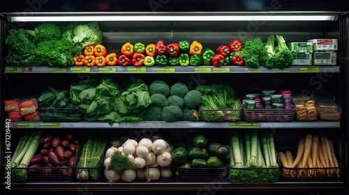 Healthy diet food in a grocery store. Variety of colorful vegetables, leafy greens, and legumes, all essential for a balanced and nutrient rich diet. Healthy and fresh eating habits.