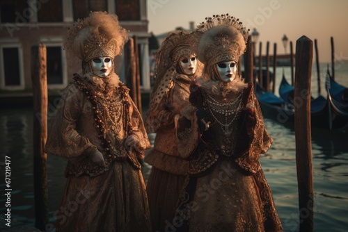 A group of masked performers in elaborate costumes posing gracefully in front of a Venetian canal. The photo is taken during the golden hour. Festival in Venice.