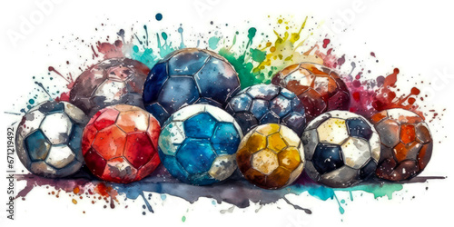 Watercolor drawing of soccer balls. Generative AI.