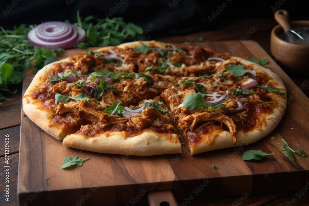 A BBQ chicken pizza with a hand-tossed crust on a rustic wooden board. The toppings include red onions, cilantro, and a tangy BBQ sauce.