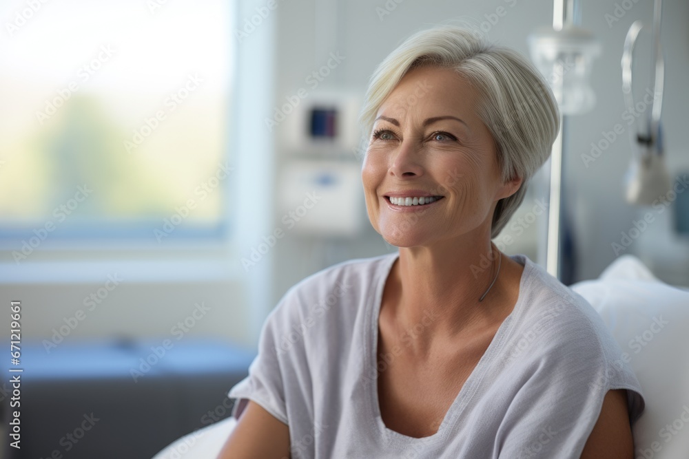 A woman patient in a clinic, wearing a hospital gown, with a content and hopeful expression, emphasizing her appreciation for medical care. A woman patient in a clinic, wearing a hospital gown, with a content and hopeful expression, emphasizing her appreciation for medical care.