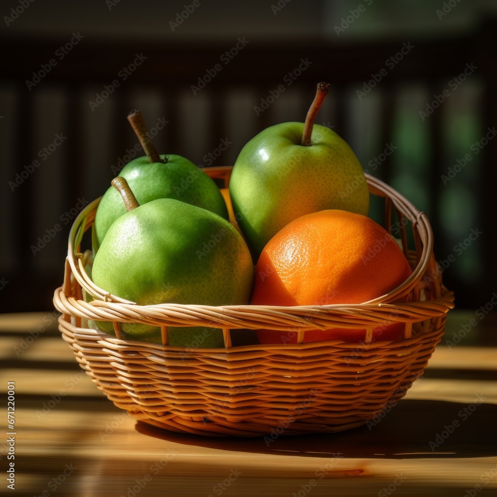 In a rustic fruit basket, an orange apple and a green pear sit side by side. In a rustic fruit basket, an orange apple and a green pear sit side by side.