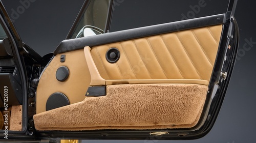 Passenger door card in tan leather